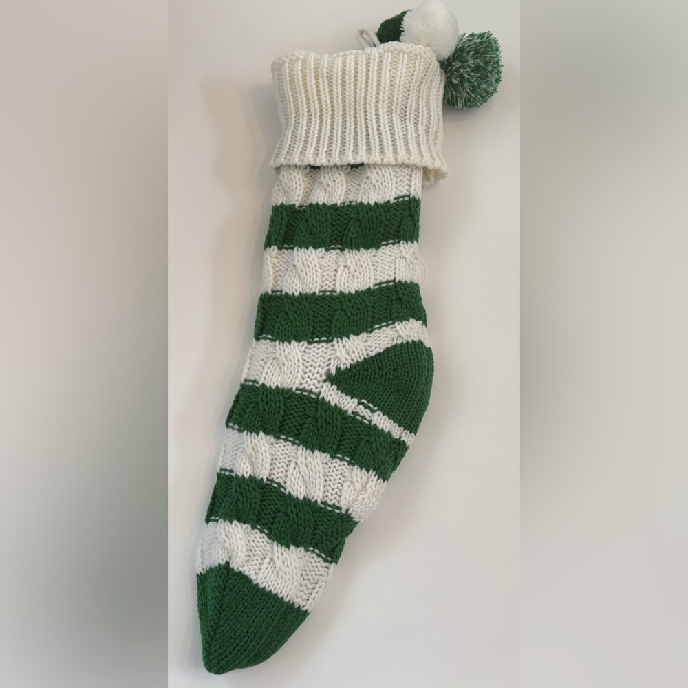 Cable knit chunky Christmas stockings (2) large 21 in NEW NWT green white stripe - Picture 3 of 8